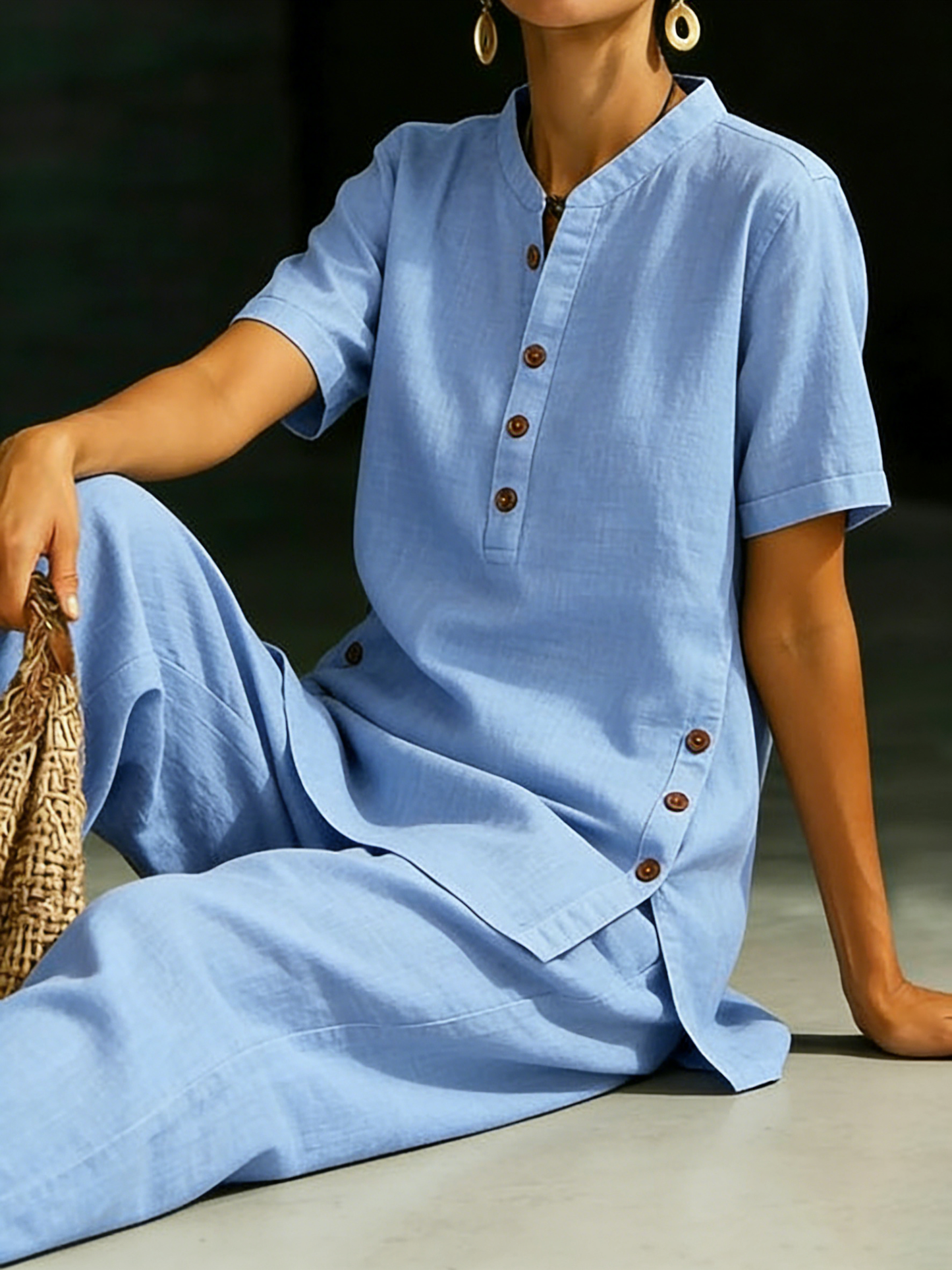💝💝Cozy Casual Button Shirt And Wide-leg Pants Linen Two-piece Set
