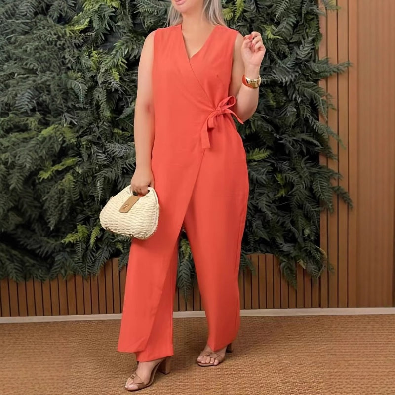 🤩🤩Women's Solid Color Casual V-Neck Tied Jumpsuit