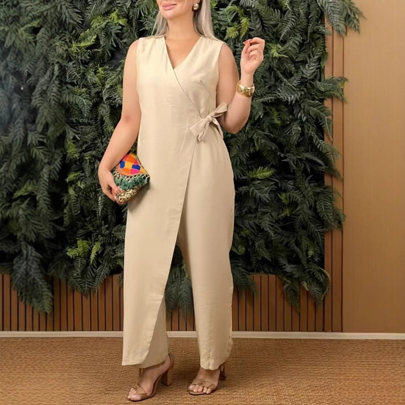 🤩🤩Women's Solid Color Casual V-Neck Tied Jumpsuit