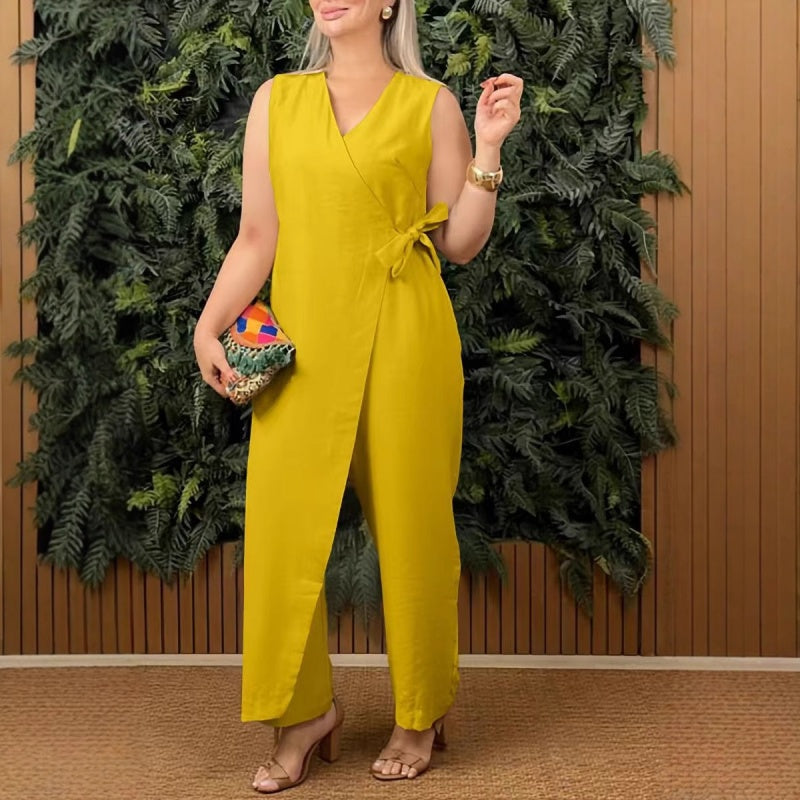🤩🤩Women's Solid Color Casual V-Neck Tied Jumpsuit