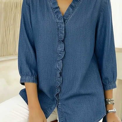 🤩🤩Women's Casual Ruffle V-Neck Shirt | Soft, Breathable & Flattering High-Low Hem ✨