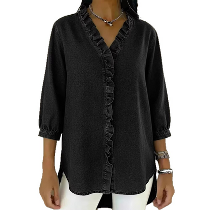 🤩🤩Women's Casual Ruffle V-Neck Shirt | Soft, Breathable & Flattering High-Low Hem ✨