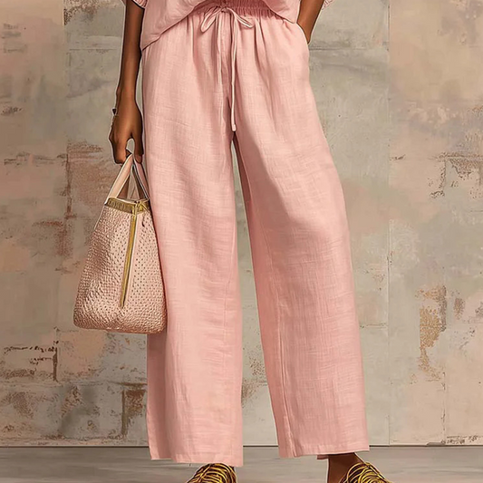 🤩🤩Women's Solid 2-Piece Tracksuit Set with Puff Sleeves & Wide-Leg Pants