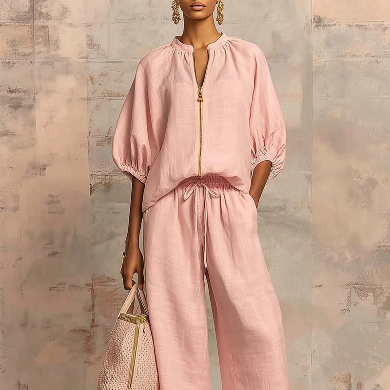 🤩🤩Women's Solid 2-Piece Tracksuit Set with Puff Sleeves & Wide-Leg Pants