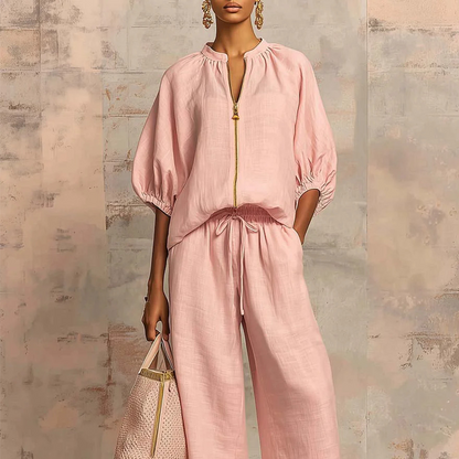 🤩🤩Women's Solid 2-Piece Tracksuit Set with Puff Sleeves & Wide-Leg Pants