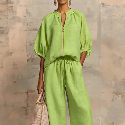 🤩🤩Women's Solid 2-Piece Tracksuit Set with Puff Sleeves & Wide-Leg Pants