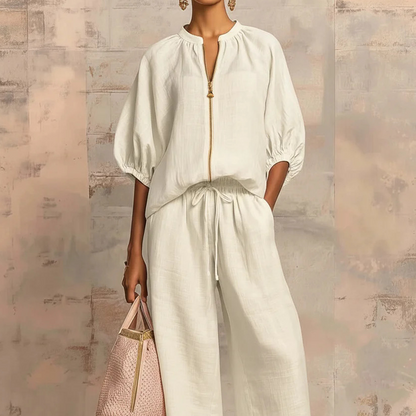 🤩🤩Women's Solid 2-Piece Tracksuit Set with Puff Sleeves & Wide-Leg Pants