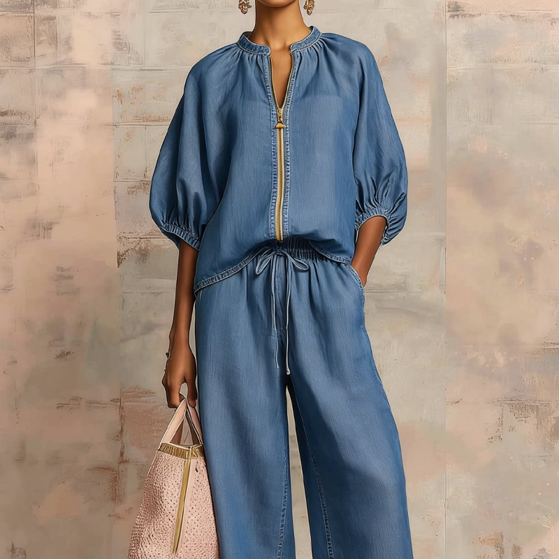 🤩🤩Women's Solid 2-Piece Tracksuit Set with Puff Sleeves & Wide-Leg Pants