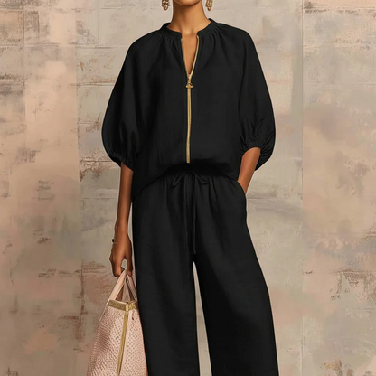 🤩🤩Women's Solid 2-Piece Tracksuit Set with Puff Sleeves & Wide-Leg Pants