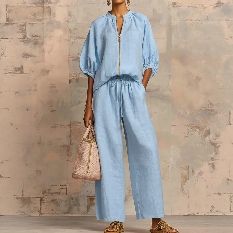 🤩🤩Women's Solid 2-Piece Tracksuit Set with Puff Sleeves & Wide-Leg Pants